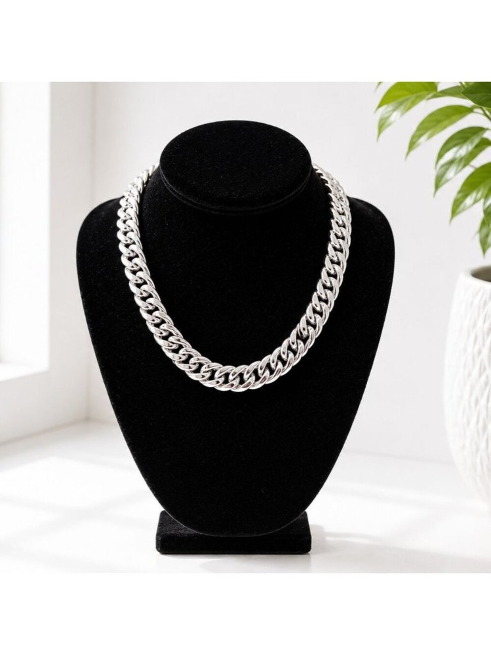 Silver-Tone Chunky Cuban Link Chain Necklace With Lobster Clasp And Adjustable L